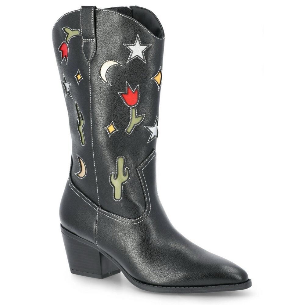 Womens No Boundaries Black Cowgirl Western Boots Novelty Cactus Moon Star 8 New